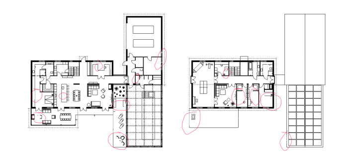 2D-ritning i SketchUp visar ett byggnadsplan med saknade och markerade detaljer i rött.