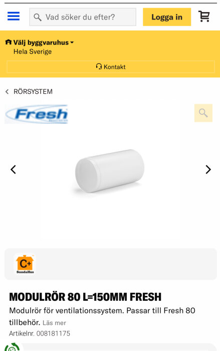 Vit modulrör för ventilationssystem, märkning Fresh, storlek 80 L=150 mm.