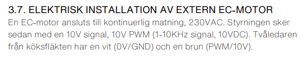 Elektrisk installationsanvisning för extern EC-motor: 230VAC matning, styrs med 10V signal, 10V PWM (1-10kHz), vit ledare (0V/GND), brun (PWM/10V).