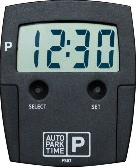 Gyrostyrd parkeringsskiva med digital display som visar tiden 12:30, inkl. knappar för "Select" och "Set", samt märkningen "Auto Park Time FS07".