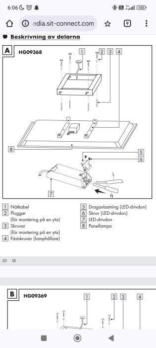 Monteringsanvisning för utvändig panelinstallation med nätkabel, pluggar, skruvar, LED-drivdon och panellampa, med delbeskrivningar.