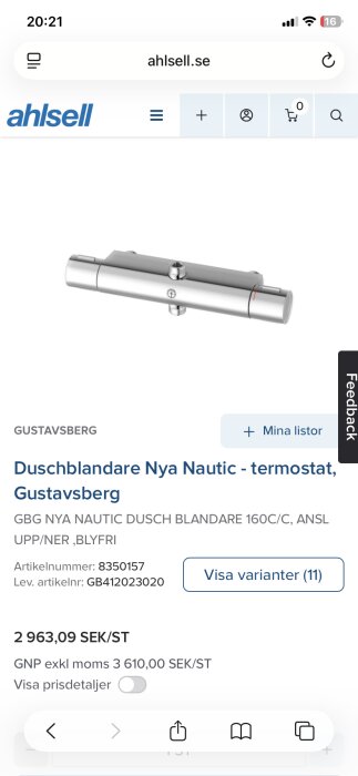 Duschblandare Nya Nautic med termostat från Gustavsberg, visad på Ahlsell.se med prisinformation och artikelnummer.