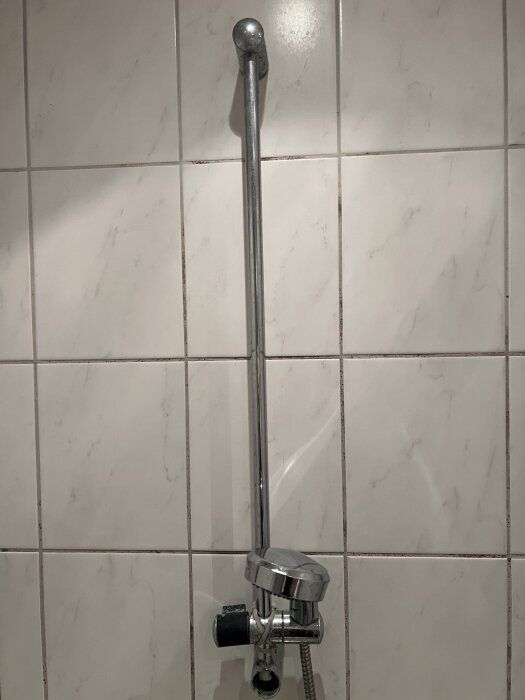Duschmunstycke och stång monterade på kakelvägg i badrum.