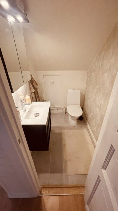 Liten toalett med handfat, spegel, toalettstol och handdukar i ett kompakt utrymme.