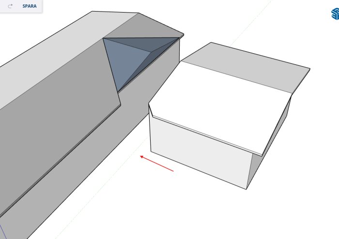 3D-modell av byggnad med blå takkupa och separat vit tillbyggnad visad i perspektiv med röd pil som indikerar riktning.