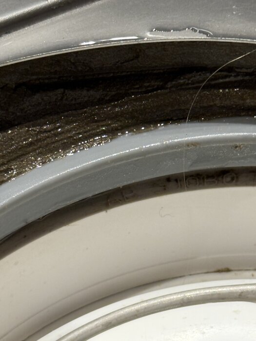 Närmre bild på en golvbrunn där tätringen möter vattenlåset med synliga otätheter, i kontext med problem med silverfiskar.