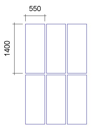 Skiss över fönsterkonfiguration med sex rektangulära rutor i två kolumner och tre rader, varje ruta markerad med måtten 550x1400.