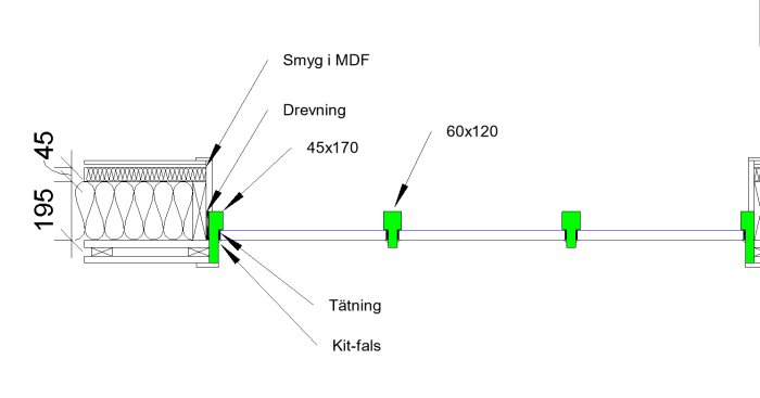 Ritning av fönsterkonstruktion med komponenter som däckning, tätning och dimensioner markerade; gröna delar representerar trästycken.