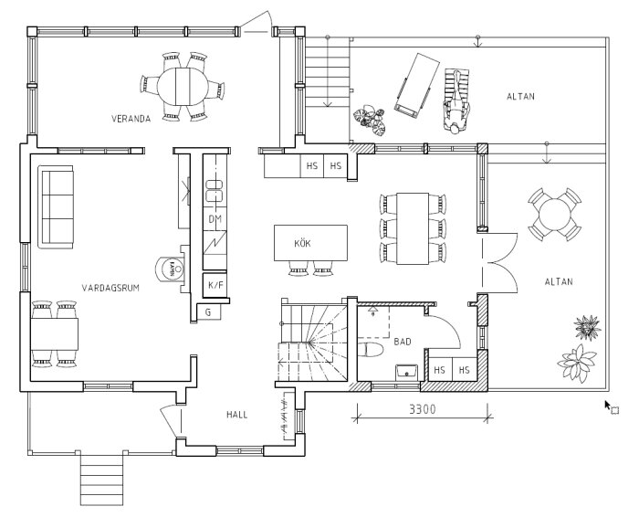 Planlösning som visar design av ett hem med veranda, kök, badrum, altan och vardagsrum. Fyra dörröppningar och diskho vid fönster.