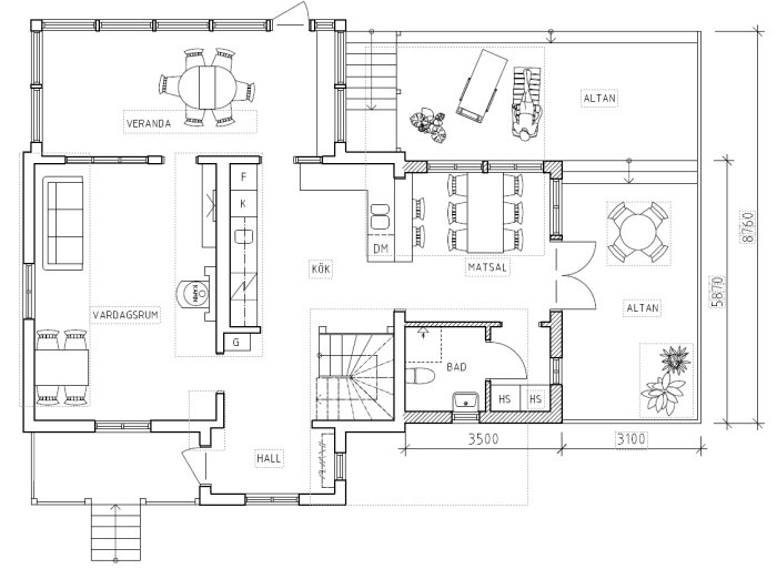 Planlösning för utbyggnad med kök, matsal, veranda och vardagsrum samt badrum och altan, inklusive dörröppningar och möblering.