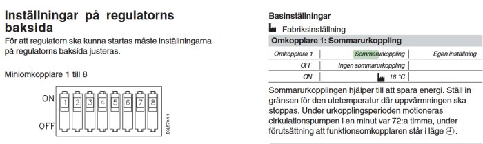 Bild av instruktionsmanual för regulatorinställningar; visar miniomkopplare 1–8 och information om "Sommarurkoppling" för energisparande.