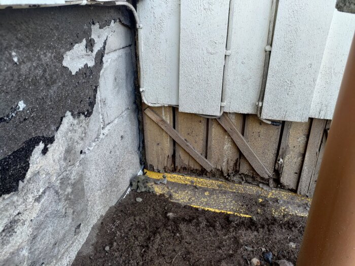 Ruttna träpaneler bakom borttagna eternitplattor på garagevägg, synlig betongvägg intill, med blottlagda jord vid basen.
