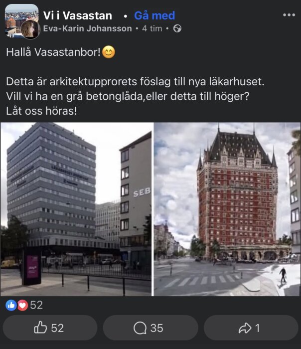 Till vänster ses en grå, modern byggnad med glasfönster, till höger ett rött, slottliknande byggnadsförslag med torn och dekorativa detaljer.