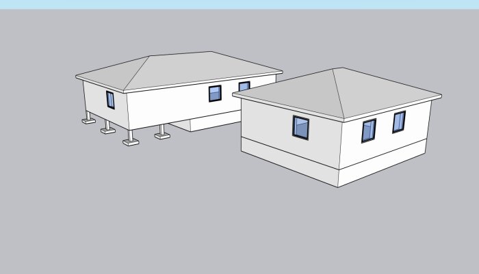 Två enkla byggnadsmodeller med tak och fönster, varav en står på pelare.