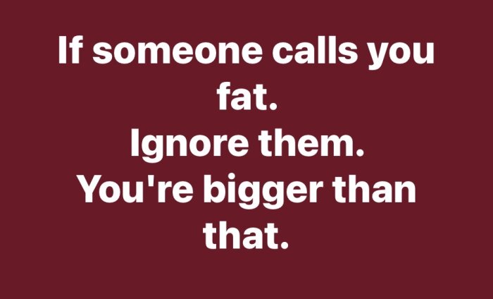 Vit text på mörkröd bakgrund: "If someone calls you fat. Ignore them. You're bigger than that.