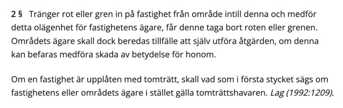 Jordabalkens text om borttagning av rot eller gren som orsakar olägenhet för fastighetsägare, med hänvisning till lag 1992:1209.