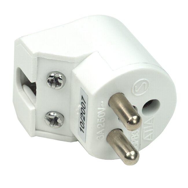 Vit jordad stickpropp med två stift och hål för skyddsjord, 6A 250V.