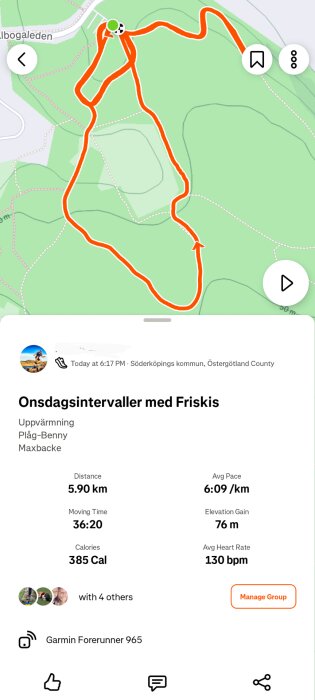 Löpningskarta i Söderköping med en rutt på 5,90 km, tid 36:20, medelhastighet 6:09/km, höjdökning 76 m, samt kaloriförbrukning 385 Cal.