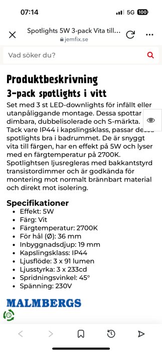 Produktbeskrivning av 3-pack LED-spotlights i vitt, 5W, IP44, 2700K, dimbara med transistor dimmer, 230V. Specifikationer och varumärke syns.