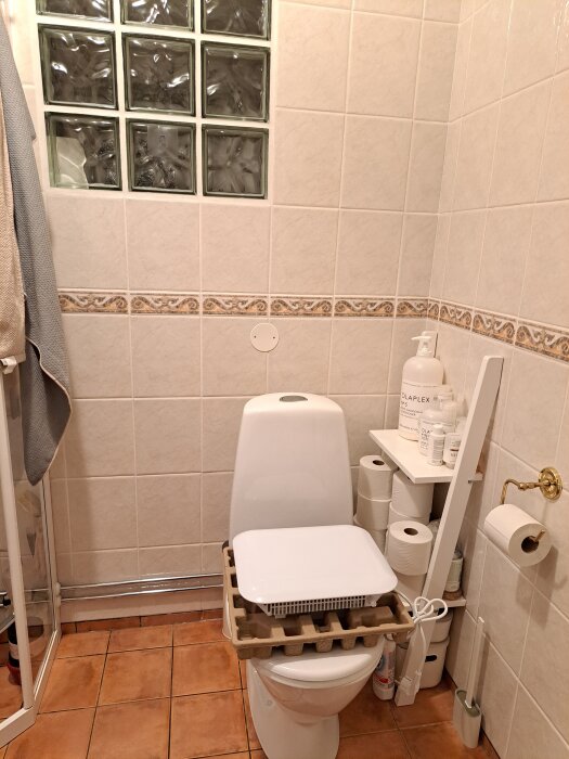 Badrum med toalett, glasblockvägg, duschhörna och en liten hylla med toalettpapper. Element inpackat i förpackning ligger på toalettstolen.