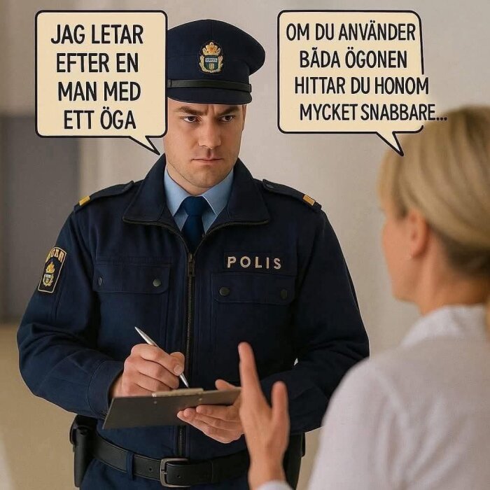 En polis i uniform talar med en kvinna. De har en konversation med humoristiska pratbubblor.