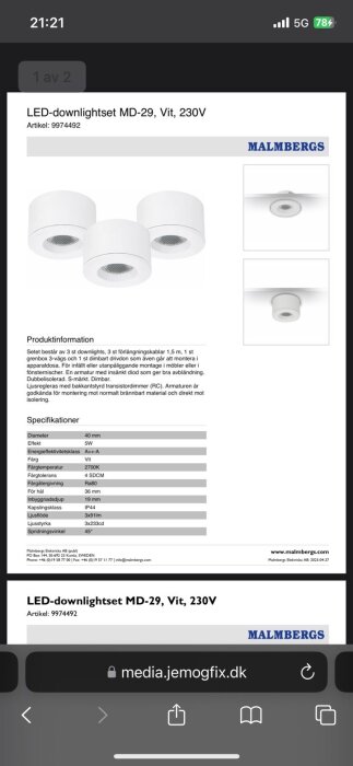 LED-downlightset MD-29, vit, 230V från Malmbergs med tre downlights och specifikationer. Första sidan av två i produktbroschyren.