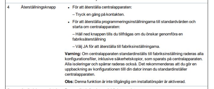 Instruktioner för att återställa centralapparaten med en knapp på moderkortet, inklusive varningar om fabriksinställning och installatörsspärr.