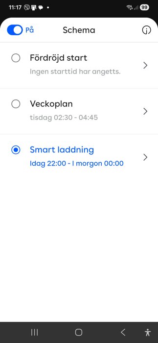 Skärmbild av laddinställningar i en app som visar tider för fördröjd start, veckoplan och smart laddning aktiverad mellan 22:00 och 00:00.