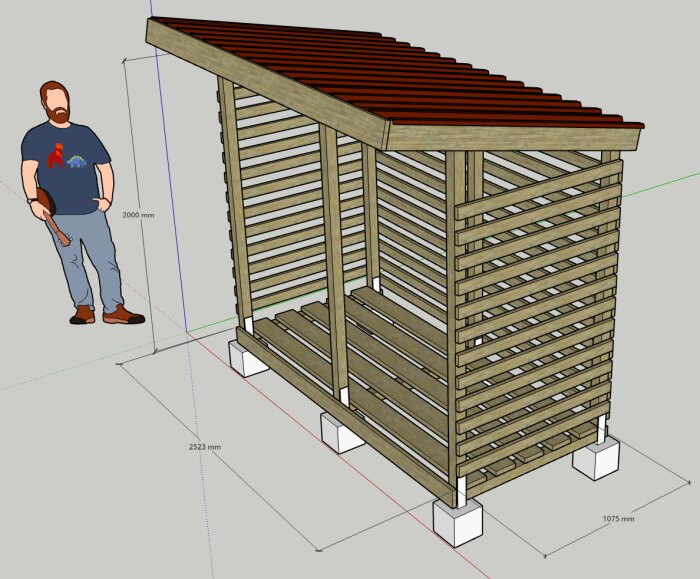 3D-modell av vedskjul med sex plintar, trästomme och plåttak, jämte en person som visar storleksskala.