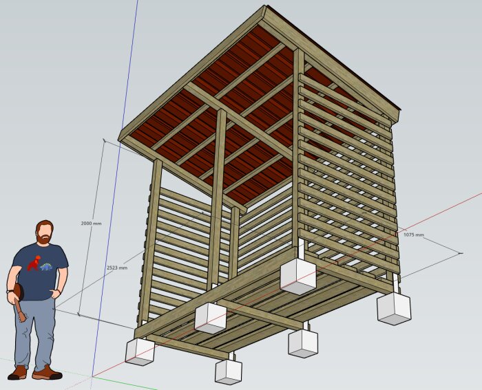Skiss av vedskjul med träkonstruktion på betongplintar, komplett med måttangivelser. Person står bredvid för storleksreferens.