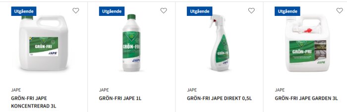 Fyra varianter av Grön-Fri-produkter från Jape, märkta som utgående: 3L koncentrerad, 1L flaska, 0.5L spray, och 3L Garden.