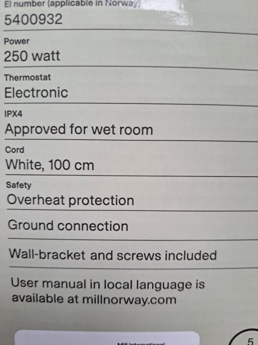 Elvärmarens specifikationer med IPX4 godkänd för våtutrymmen, 250 watt, elektronisk termostat, överhettningsskydd, och jordanslutning.