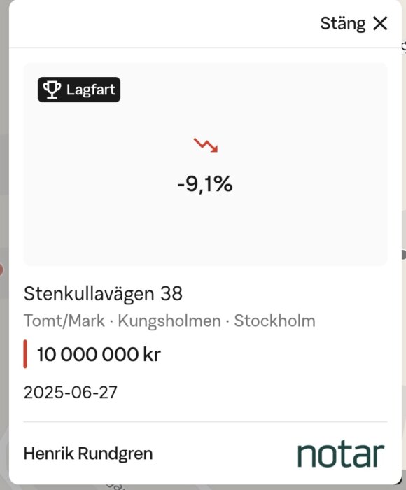 Lagfartsdokument för Stenkullavägen 38, pris 10 milj kr, 2025-06-27, med en prisförändring på -9,1%, Kungsholmen, Stockholm.