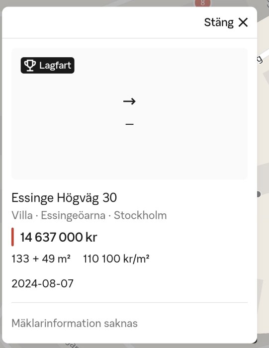 Fastighetsinformation för Essinge Högväg 30, pris 14 637 000 kr, storlek 182 m², inga mäklaruppgifter, datum 2024-08-07.