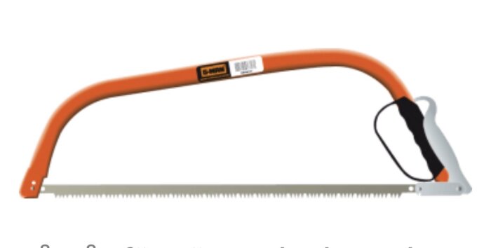 Bågfil med orange ram och svart handtag, lämplig för träbearbetning.