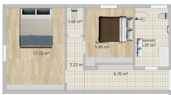 Planritning av hus med markerade kvadratmeterytor; två sovrum, korridor och badrum med möbler och installationer.