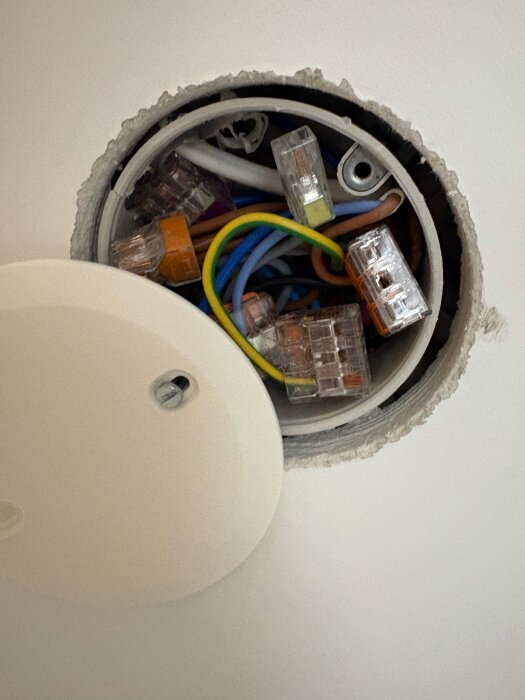 Bild av en öppen kopplingsdosa med flera färgade elkablar och Wago-kontakter, relaterad till diskussion om spotlights-installation.
