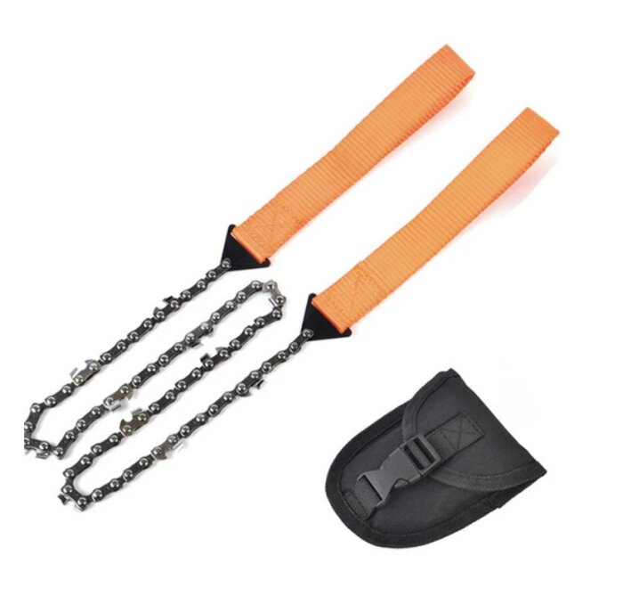 Handdriven kedjesåg med orange handtag och ett svart fodral.