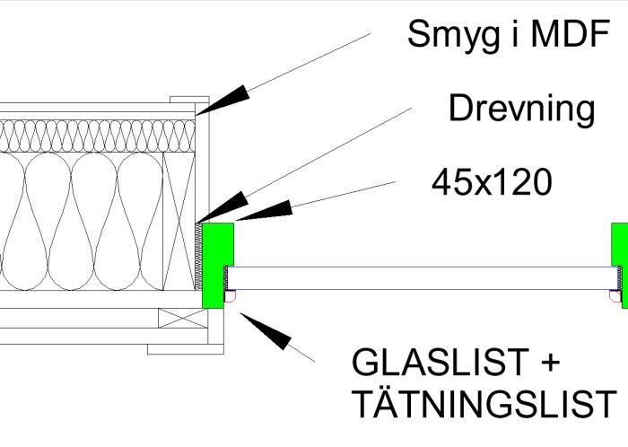 Ritning av fönsterkonstruktion med smyg i MDF, drevning, glaslist och tätningslist, samt dimensioner angivna som 45x120.