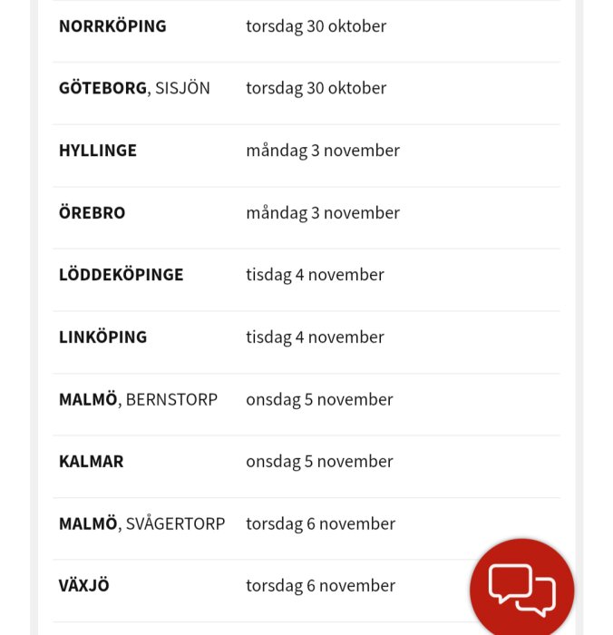 Bauhaus medlem dagar schema med datum och platser för butiker i Sverige, inklusive Norrköping, Göteborg och Växjö.