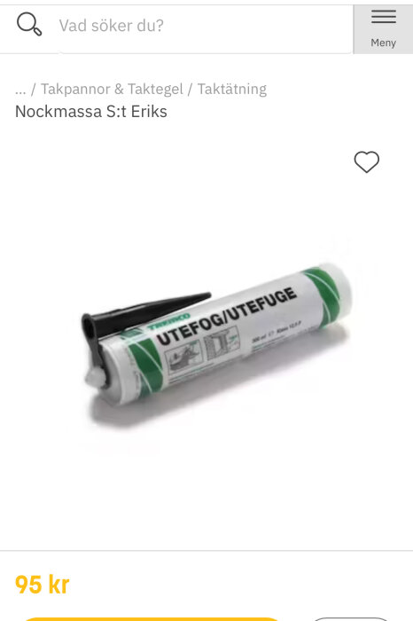 En tub med utefog/nockmassa från S:t Eriks, lämplig för tätning mellan nockpannor, pris 95 kr.