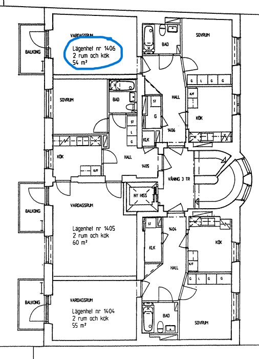 Ritning som visar planlösningen för lägenhet nr 1406 med markerat vardagsrum och kök.