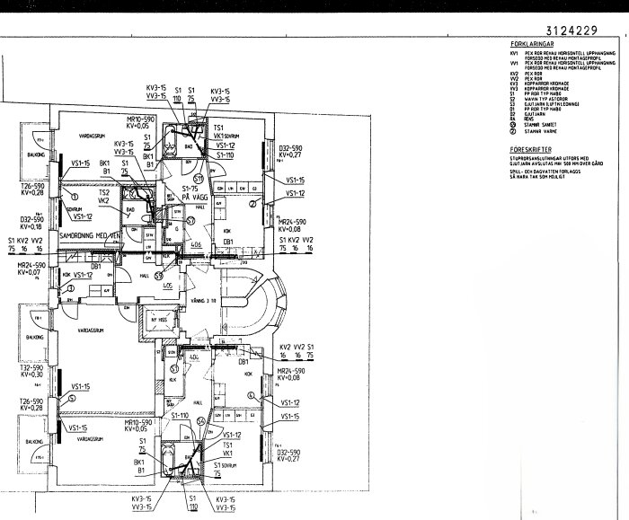 Ritning av lägenheter inom en fastighet med ventilations- och vattenstammar markerade, lägenheter i blått och rött.