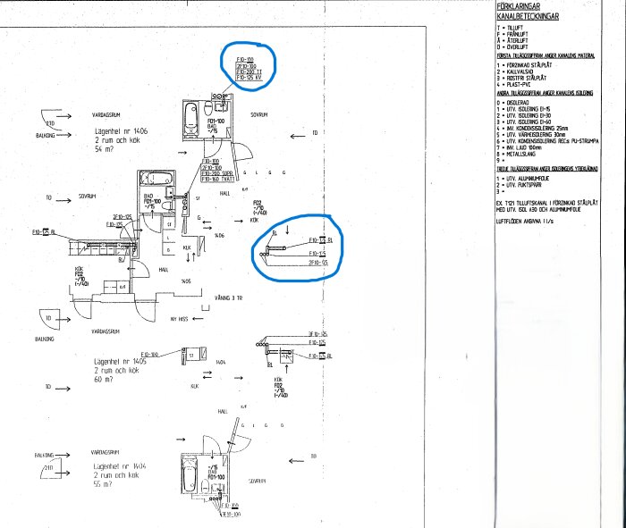 Ritning av lägenhet med blå markering, visar kök och sovrum. Ventilationskanals detaljer och förklaringar till höger.