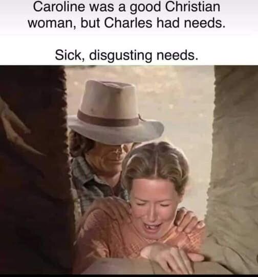 Kvinna ser ledsen ut medan en man i hatt står bakom henne. Text säger att Caroline var en god kristen kvinna, men Charles hade behov.