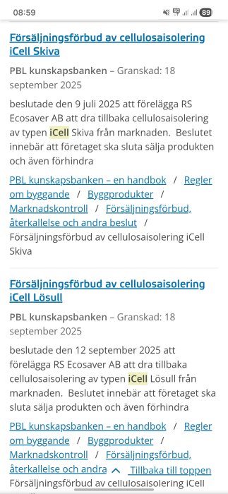 Försäljningsförbud mot cellulosaisolering iCell Skiva och Lösull från RS Ecosaver AB, granskat september 2025, enligt PBL kunskapsbanken.