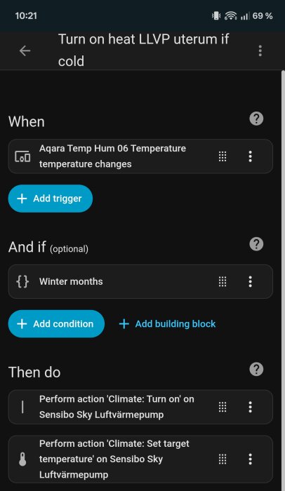 Automatiseringsinställning som aktiverar värmen i uterummet med Sensibo Sky när Aqara-sensorn registrerar temperaturändringar under vintermånaderna.
