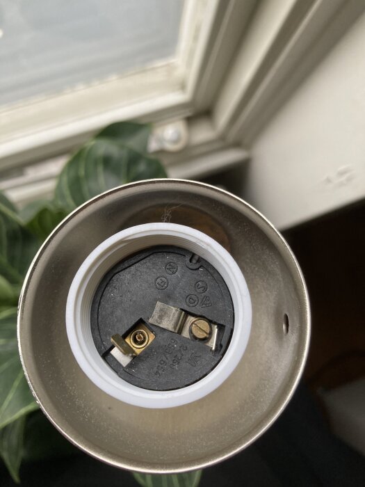 Lamphållare sedd ovanifrån med fästen för elkontakter synliga; fokus på detaljer för att byta eller reparera dragsnöret.