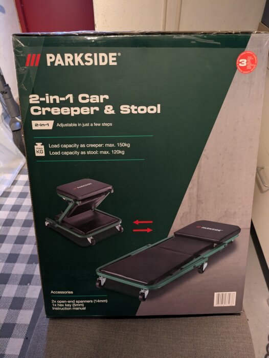 Förpackning med Parkside 2-i-1 montörsvagn och pall, maxlast 150/120 kg, köpt för 249 kr.