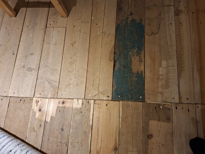 Ojämnt plywoodgolv med synliga plankor och några upphöjda kanter, fotat inomhus efter borttagning av plastmatta i stuga.
